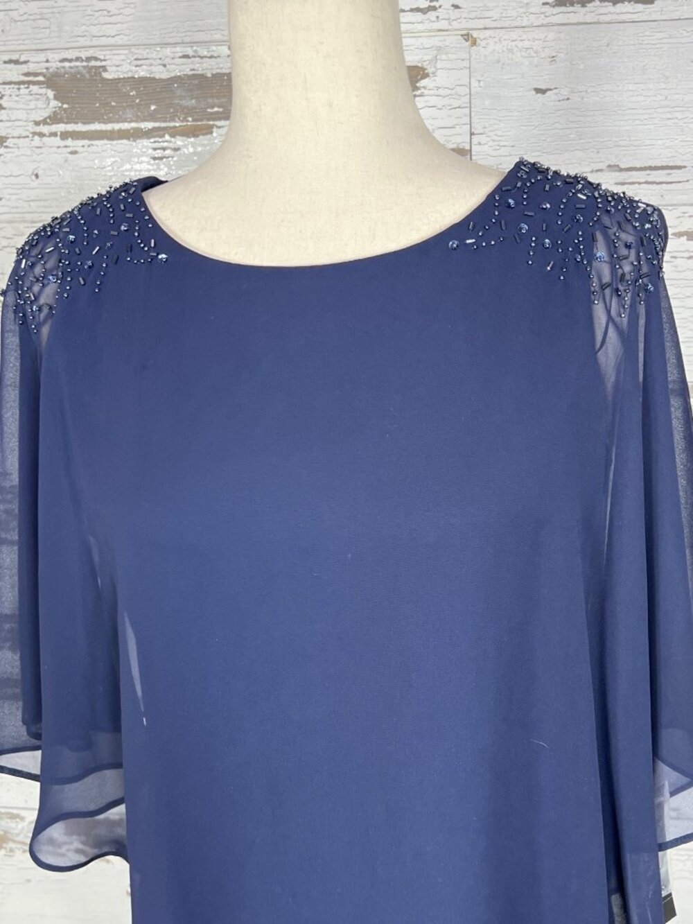 SL FASHIONS Chiffon Overlay Cape Sleeve Dress Navy Sz 6 NWT - Picture 2 of 8